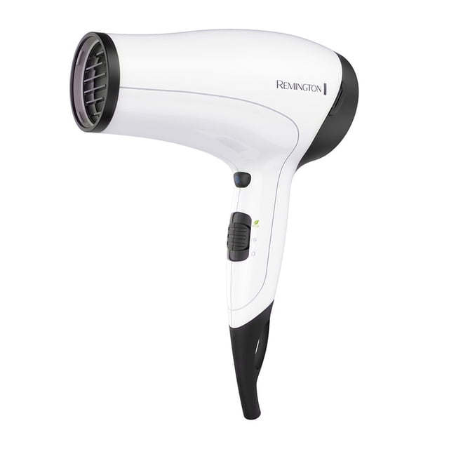 secadora de cabello remington power volume blanca 1 pieza — secador lateral blanco con remates negros, mango con control de temperatura (bajo/medio/alto) y dos velocidades, rejilla trasera removible, boquilla concentradora y difusor, cable de 1.8 m y motor de 1875 W; tecnología cerámica + iones para reducir el frizz; a menudo se usa también para dar volumen rápido durante sesiones de peinado en casa.