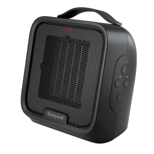calentador cerámico honeywell uberheat plus para habitaciones pequeñas Vista 3/4 de un calentador cerámico negro compacto con rejilla metálica frontal, asa superior integrada y panel lateral con botones electrónicos y luces indicadoras; diseño rectangular con bordes redondeados, temporizador y ajustes de temperatura visibles; también apto para calentar un escritorio u oficina pequeña.