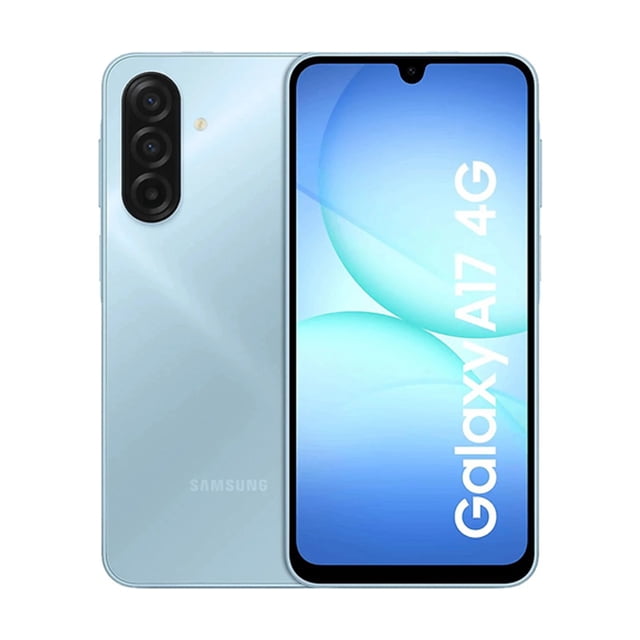 smartphone samsung galaxy a17 4g ligth blue 128gb , 6gb ram dual sim desbloqueado Vista frontal y trasera centrada del Samsung Galaxy A17 4G en ligth blue; pantalla Super AMOLED 6.7" con muesca en V, texto 'Galaxy A17 4G' en pantalla, módulo de cámara triple vertical (50MP+5MP+2MP) y flash trasero, lector de huellas lateral visible y botones a la derecha. Tiene 6GB RAM y 128GB almacenamiento, desbloqueado y dual SIM.