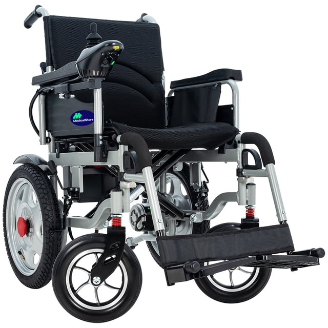 medical store silla de ruedas eléctrica de lujo silla plegable de acero de alta resistencia adulto mayor todo terreno traslado rehabilitación con descansa pies Vista 3/4 frontal de silla eléctrica negra Medical Store con estructura de acero esmaltado, asiento y respaldo acolchonados desmontables en tela negra, reposabrazos abatibles, reposapiés abatibles con plataforma, llantas traseras 16" y delanteras 10" con rines deportivos, joystick de control en el brazo izquierdo y suspensión visible; también suele utilizarse para traslados personales urbanos.