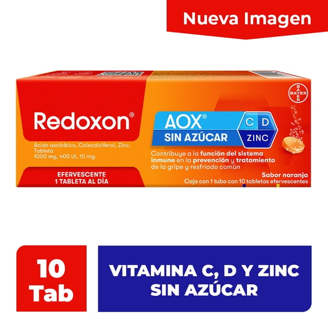 redoxon aox tubo con 10 tabletas efervescentes vitamina c sin azúcar — Empaque frontal rectangular rojo y naranja con logo Redoxon, panel azul AOX que lista Vitamina C 1000 mg, Vitamina D 400 UI y Zinc 10 mg; indica sabor naranja, sin azúcar y 10 tabletas efervescentes. Nueva imagen.