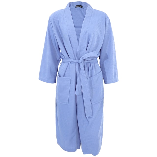 bata de ducha bata de baño bata de spa bata de baño larga bata de salón bata camisón de ducha xl Azul HOKMX, vista frontal centrada de bata larga XL con cinturón atado en la cintura, dos bolsillos frontales, manga larga, tejido tipo waffle de poliéster de fuerte absorción, largo aproximado 105 cm; adecuada para uso doméstico y en salones y también útil para viajes por ser ligera y fácil de plegar.