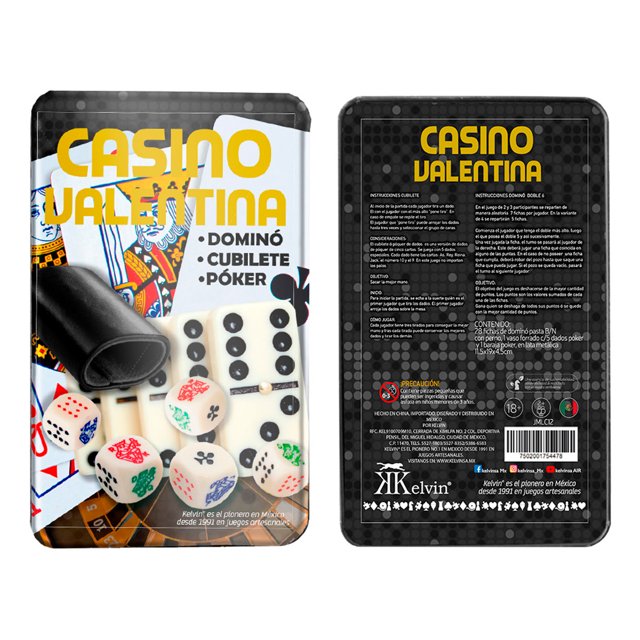 casino valentina lata con dominó, cubilete y póker — lata metálica mostrando 28 fichas de dominó pasta blanco y negro con perno, un vaso forrado con 5 dados de póker y una baraja de póker; ideal para juegos de mesa, medidas 11.5x19x4.5 cm.