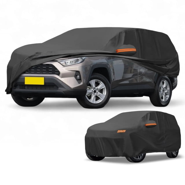 funda para auto impermeable para todo clima, protección exterior completa contra el sol y la lluvia, con tiras reflectantes, negra para toyota rav4 3/4 frontal centrada mostrando Toyota RAV4 cubierta por funda negra 190T-PU con tiras reflectantes naranjas en los espejos, cremalleras en las puertas para acceso sin quitar la funda, cordón elástico en el borde y hebillas para instalación ajustada, fondo de estudio; también suele utilizarse para almacenamiento exterior temporal.
