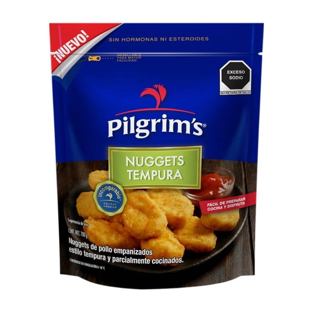 nuggets de pollo pilgrim's tempura 700g Empaque frontal azul de 700 g con logo Pilgrim's y etiqueta verde "NUGGETS TEMPURA"; bolsa muestra nuggets empanizados dorados en un plato con salsa roja, rótulos visibles "sin hormonas ni esteroides" y aviso "exceso sodio". Adecuados como botana para reuniones y preparación rápida.