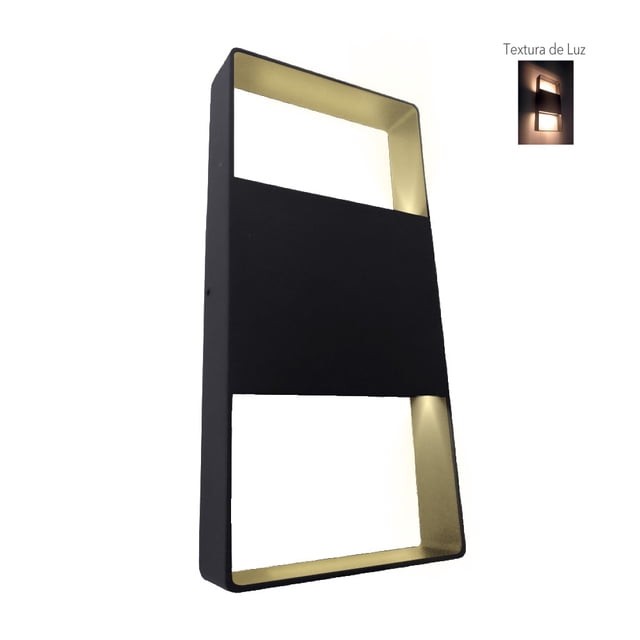 lampara exterior, muro luz blanca cálida integrado led 12w lámpara de muro sobrepuesta negra en aluminio con dos ventanas rectangulares que emiten luz suave cálida 3,000 K desde arriba y abajo; 12 W, 500 lm, IP54, para montaje bajo techo, ideal para resaltar fachadas y texturas y adecuada para iluminar pasillos exteriores.