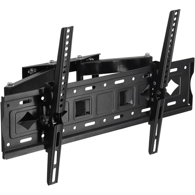 soporte para tv 26 a 65 pulgadas link bits doble brazo negro, vista frontal 3/4 del brazo articulado y placas de montaje VESA con ranuras verticales, estructura de acero con tornillos reforzados, compatible con televisores LED y LCD (26 a 65 pulgadas) y carga hasta 50 kg; también suele usarse para montar monitores grandes en salas o zonas comunes.
