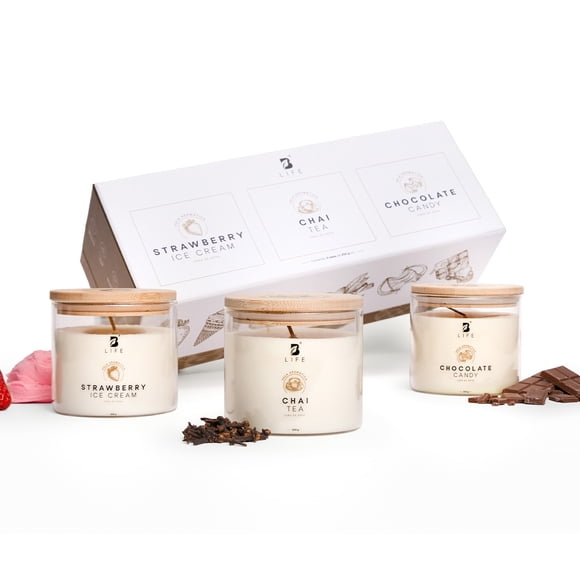 Kit 3 Velas De Soya | 250 g | Aromas: Helado de Fresa, Dulce De Chocolate, Té Chai | Duración 50 Hrs | Kit Sweet Delight | B Life.