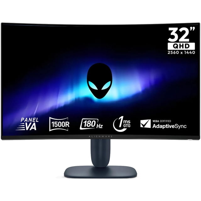 monitor gamer curvo alienware 32" qhd 180hz 1ms va hdmi dp soporte ajustable aw3225dm Vista frontal centrada de monitor Alienware AW3225DM negro de 32" QHD (2560 × 1440) con pantalla curva 1500R, logo alien en el centro, marco delgado, base con soporte ajustable y texto en pantalla que indica panel VA, 180 Hz, 1 ms GTG y Adaptive-Sync. A menudo usado para estaciones de juego competitivas y setups inmersivos.