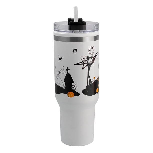 Termo Alto Doble Pared Asa y Popote, Ambient21, Jack y Sally, Capacidad 1. 2 L, Blanco