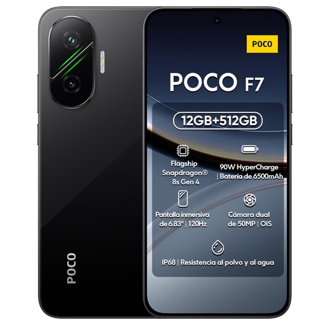smartphone xiaomi poco f7 dual sim 512 gb negro 12 gb ram Vista frontal y posterior centradas: teléfono negro con pantalla AMOLED de 6.83" encendida que muestra el logo POCO y el recuadro 12GB+512GB; parte trasera con módulo de cámara vertical y acabado mate, lateral con botones visibles. Desbloqueado, compatible con 5G, 12 GB RAM, batería de 6500 mAh, cámara frontal 20 Mpx, reconocimiento facial y sensor de huella; a su vez suele usarse para multitarea y almacenamiento intensivo.