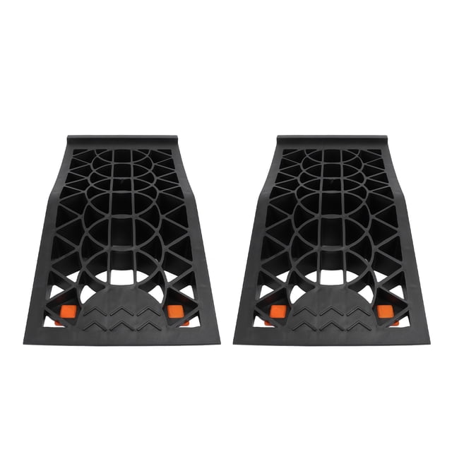 rampas para automóviles, 2 piezas, PP resistente a impactos — par de rampas negras con estructura de rejilla y insertos naranjas, superficie antideslizante que eleva el chasis hasta 2.44 pulgadas para permitir colocar un gato hidráulico y facilitar mantenimiento y cambios de aceite; también suelen usarse para apoyar neumáticos y elevar vehículos con chasis bajo.