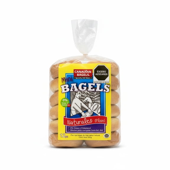 2 Pack Canadian Mini Bagels Naturales 12pz 550gr | Pan Bagel Fresco, Suave y Esponjoso | Listo para Comer