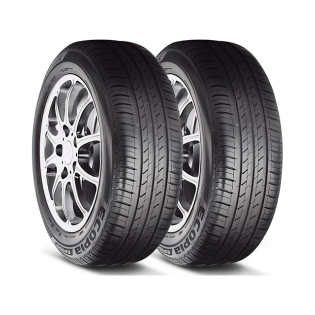 paquete de 4 llantas bridgestone ecopia ep150 185/65r15 88t, vista 3/4 frontal de dos neumáticos con banda de rodamiento simétrica y flancos negros con marca Bridgestone; rines de aleación sobre fondo blanco; también se usa con frecuencia en autos compactos y sedanes para uso urbano.
