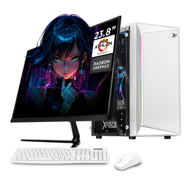 computadora escritorio completa xtreme pc gaming amd radeon vega 3 athlon 3000g 16gb ssd 500gb monitor 21.5 75hz wifi white Torre de escritorio blanca con panel frontal liso y ventana lateral que muestra ventilador con iluminación FRGB, monitor 21.5" Full HD 75Hz con imagen a pantalla completa, teclado y mouse blancos incluidos; equipo plug & play recomendado para trabajo, estudio, navegación y juegos casuales en 720–1080p.