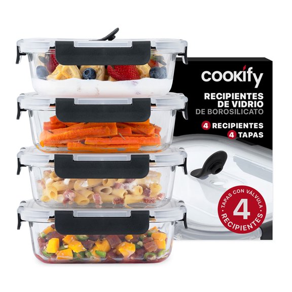 Set 4 Recipentes De Vidrio Cookify, Tapa Hermética | Contenedores Resistentes Sin Bpa, Aptos Para Horno, Congelador