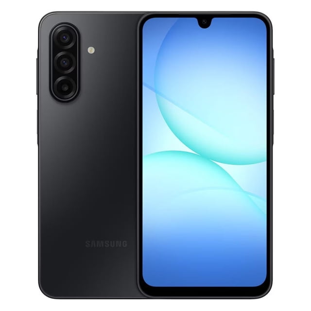 smartphone samsung galaxy a17 4g black 128gb , 6gb ram dual sim desbloqueado frontal y trasera; equipo negro con pantalla Super AMOLED 6.7" 1080x2340 y notch en gota, módulo posterior vertical de triple cámara 50MP+5MP+2MP con flash, lector de huellas lateral y botones en el costado; frecuentemente usado como teléfono principal con almacenamiento expandible vía microSD.