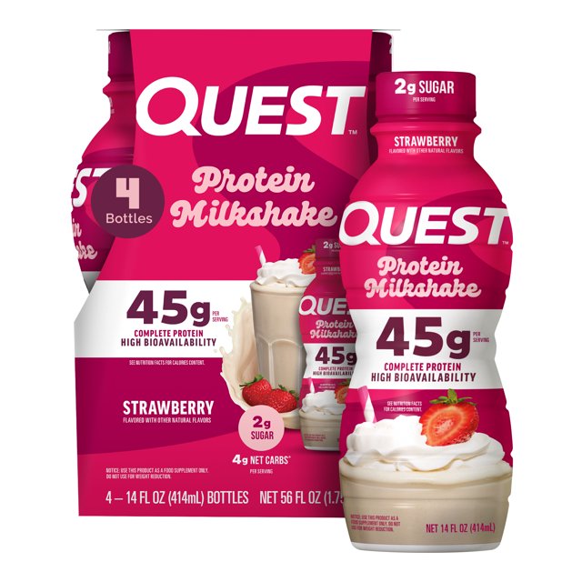 quest milshake fresa con 45g de proteína, rtd listo para beber - caja 12 piezas Caja frontal que muestra botella individual y multipack; envase rosa fucsia con logo Quest en blanco, texto que destaca 45 g de proteína, 2 g de azúcar y 4 g net carbs, imagen de milkshake cremoso con fresas y indicador de 414 ml por botella.