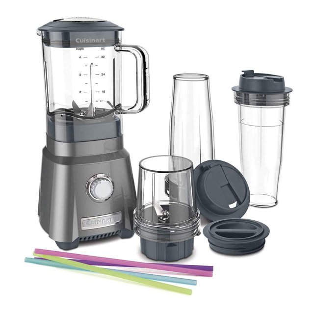 licuadora de jugos cuisinart cpb-380 hurricane compact gunmetal vista frontal con jarra Tritan de 32 oz marcada, base Gunmetal con dial rotativo (pulso/bajo/alto) y placa Cuisinart; accesorios: taza de viaje doble pared 16 oz con tapa de bloqueo, taza de pared simple 16 oz con tapa, chopper de 8 oz con montaje de hoja extraíble, tapas y anillos de sellado sobre fondo blanco. Adecuada para preparar jugos y batidos; también suele usarse como triturador pequeño para salsas.