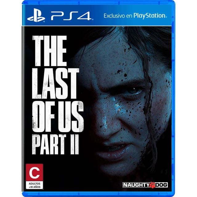 the last of us part ii ps4 playstation 4 Carátula frontal: primer plano de Ellie en semipenumbra con rostro manchado de sangre y suciedad, mirada intensa y cabello oscuro pegado al rostro; título grande en blanco a la izquierda, icono de PS4, clasificación para adultos y logotipo de Naughty Dog.