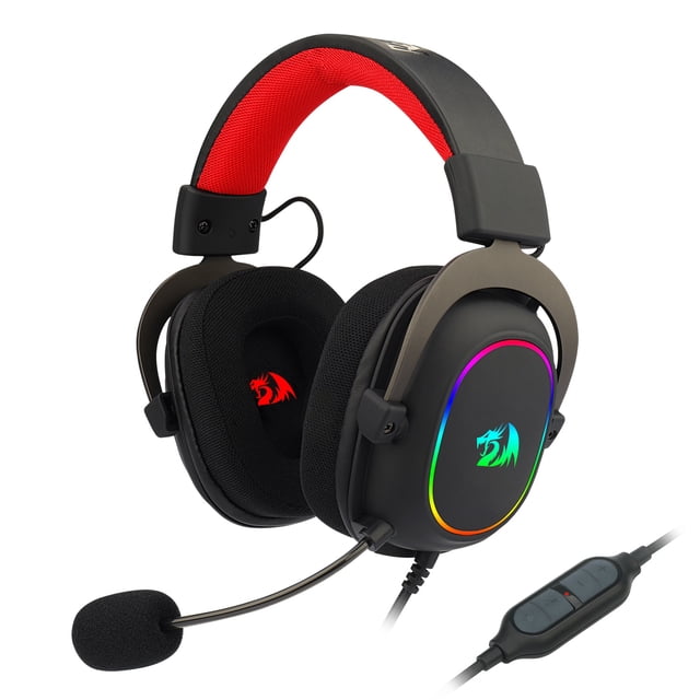 audifono gamer redragon zeus x negro pc ps4 xbox cableado USB con controlador, diadema acolchada negra con interior rojo, orejeras circumaurales negras con logo Redragon y anillo RGB multicolor, micrófono direccional desmontable con filtro pop de espuma y control en línea; suele usarse también para streaming y chats de juego.