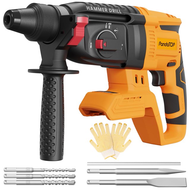 rotomartillo inalámbrico dewalt 20v max sds plus 4 funciones — vista 3/4 delantera de rotomartillo naranja y negro con portabrocas SDS Plus metálico, perilla selectora de 4 funciones y gatillo de velocidad variable; mango auxiliar de 360° con empuñadura de goma antideslizante. Debajo aparecen cinco brocas SDS y un cincel, más un par de guantes; adecuado para perforar concreto y mampostería, y a menudo usado para transportar y organizar brocas en obras.