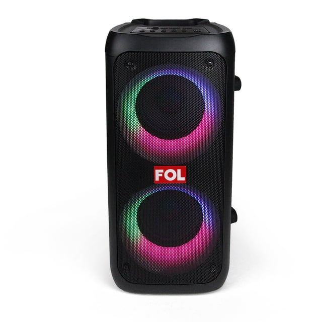 bocina fol inalámbrica bluetooth portátil recargable fs-l2204 tws rgb 20w negro Front-facing vertical FS-L2204 FOL con dos bocinas de 4 pulgadas tras una parrilla negra, aros de luz RGB multicolor, logo rojo FOL centrado, gabinete negro con panel de controles en la parte superior y agarradera lateral; portátil para fiestas y karaoke, también se usa a menudo para amplificar presentaciones pequeñas.