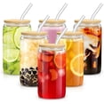 thumbnail image 1 of Set De 6 Vasos Lata Vidrio 16oz 473ml Con Tapas Bambú Popote 18pz, 1 of 9