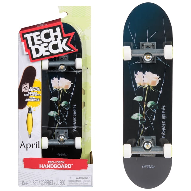 tech deck, abril handboard, mini patinetas auténticas, juguetes para niños y niñas, a partir de 6 años (solo para uso con las manos) Vista frontal centrada de un handboard Tech Deck modelo April: tabla miniatura negra con gráfico de rosas blancas y tallos verdes, ejes metálicos plateados y ruedas blancas; empaque con logo TECH DECK visible; a menudo se usa para practicar trucos con los dedos.