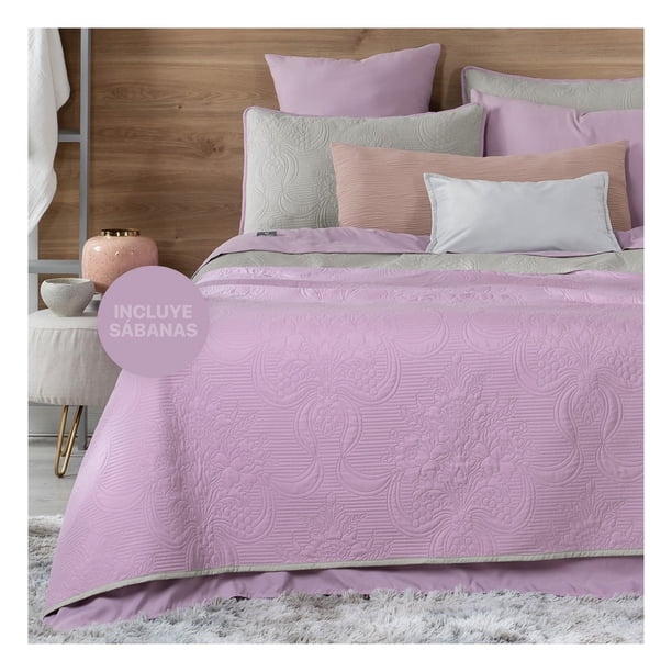 Set de Edredón Ligero Doble Vista con Sábanas y Fundas Real Textil (Violeta/Gris, Individual)