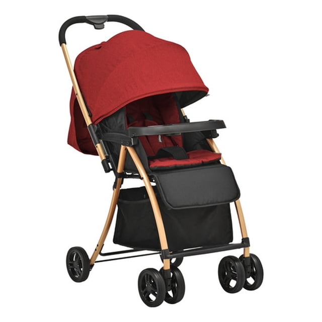 carriola para bebé prinsel golf lx plegable y reclinable roja 3/4 frontal con capota extendida, chasis tubular dorado y asiento rojo reclinable en 4 posiciones; arnés de 5 puntos visible, bandeja frontal, bolsillo trasero, canasto inferior, plegado con una mano, 6 ruedas cuádruples con frenos y peso 7 kg, adecuada para viajar ligero.