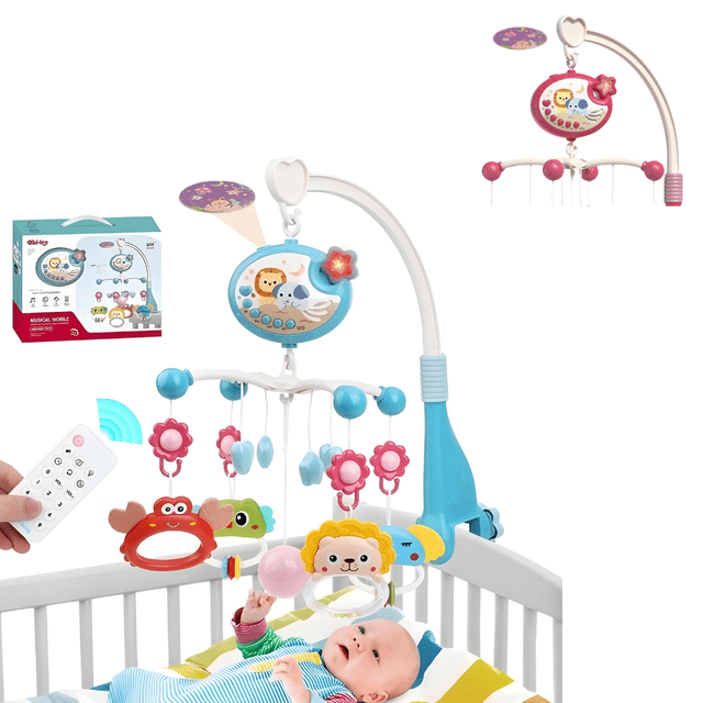 móvil musical kiddos para cuna sonajero giratoria con proyector de luz azul, montaje frontal en cuna; unidad redonda azul con botones y proyector de estrellas, brazo curvo blanco y clip de sujeción azul; cuatro colgantes flor y animal en rosa, rojo, amarillo y verde que giran y emiten melodías; incluye control remoto y luz nocturna, ideal para relajación y estimulación sensorial del bebé; también suele usarse para entretener al bebé durante el cambio de pañal.