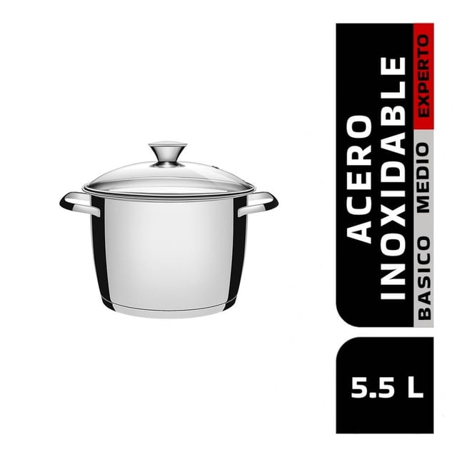 olla tramontina allegra 5.5 l acero inoxidable vista frontal centrada: olla de acero inoxidable pulido con asas laterales fijas y tapa de vidrio templado con pomo, base de fondo triple para distribución uniforme del calor; fondo blanco neutro. Suele usarse también para preparar caldos y hervir alimentos.