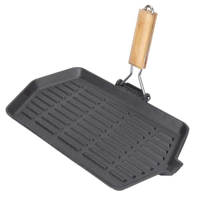 Griddle Pan, Easy Cleaning Non Stick Coating Grill Pan Even Heating With Wooden Handle For Household For Camping