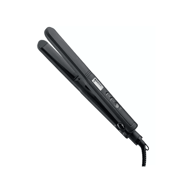 plancha de cabello revlon perfect heat straight 3x ceramic 1" digital flat iron rvst2082 negra 110v, vista 3/4 frontal con placas cerámicas de 1 pulgada, pantalla digital y tres botones de control en cuerpo negro, cable con aro para colgar. Adecuada para alisar cabello húmedo o seco; a menudo usada también para alisar mechones pequeños en viajes.