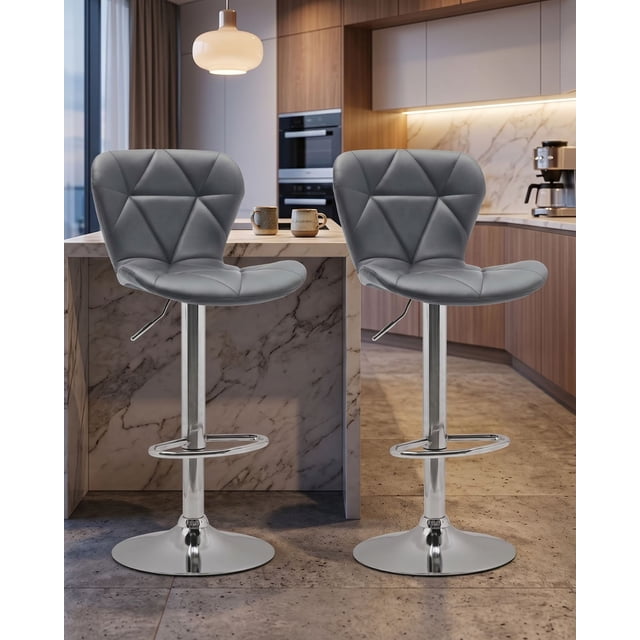 Set de 2 Bancos Gris Altos Ajustables Modernos para Barra y Cocina desayunador con Respaldo Acolchado