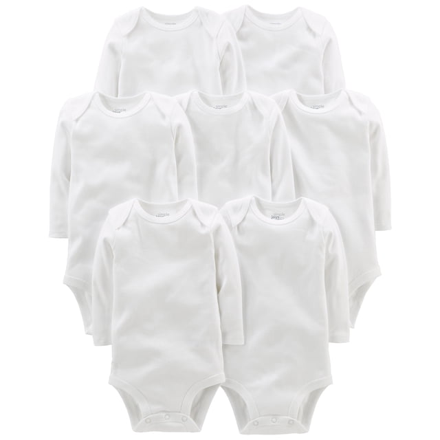 body simple joys by carter's de manga larga para bebés de 0 a 3 meses Paquete de 7 bodys blancos, vista frontal centrada de siete unidades; cuello de solapa, cierre inferior a presión de tres broches con paneles reforzados y cierres sin níquel, tejido de algodón liso visible en la superficie.