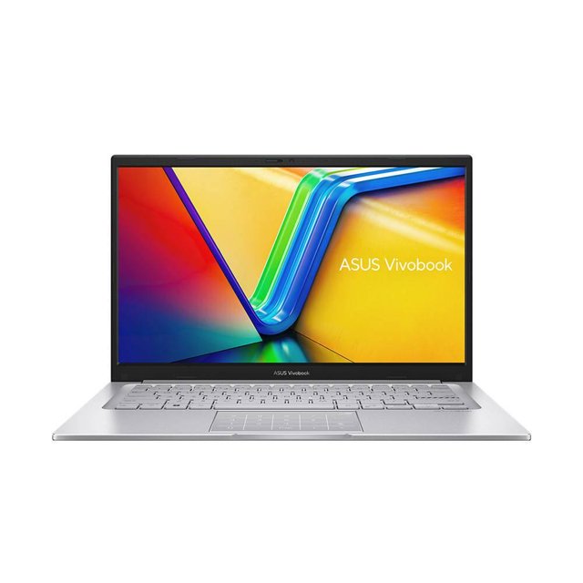laptop asus f1404va-nk1056w, 14 pulgadas, vista frontal centrada con pantalla abierta y biseles delgados; teclado y touchpad plateados, carcasa delgada y webcam superior, pantalla con fondo colorido y texto visible 'ASUS Vivobook'; Intel Core i5 i5-1334U, 8 GB RAM, 512 GB SSD; a menudo usada como portátil de trabajo para productividad móvil.