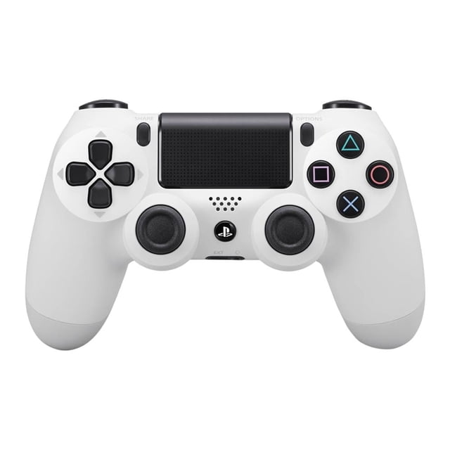 control inalámbrico playstation 4 dualshock 4 glacier white frontal, vista centrada del mando blanco glaciar con panel táctil negro en la parte superior, dos joysticks analógicos simétricos, cruceta direccional izquierda y botones de acción (triángulo, círculo, equis, cuadrado) a la derecha, botón Share y botón Options visibles y microrrejilla de altavoz en el centro; compatible con juegos PS4 y su tamaño lo hace adecuado también para transporte en estuches de viaje para accesorios de juego.