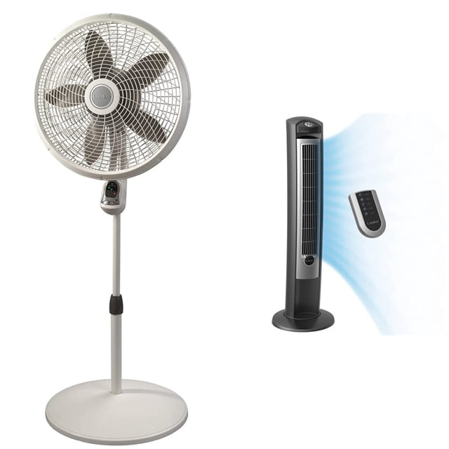 ventilador de pedestal Lasko Cyclone (46 cm) y ventilador de torre oscilante Lasko (107 cm). Ventilador de pedestal con base redonda y rejilla circular, tubo telescópico ajustable 104–136 cm y panel de control frontal con 3 velocidades y temporizador de 4 h; ventilador de torre vertical sin aspas color gris con oscilación 60°, 3 velocidades silenciosas, temporizador de 7.5 h y control remoto visible; ambos modelos diseñados en EE. UU. y con certificación ETL; la torre es adecuada para transporte por su asa y a menudo se usa para ventilar espacios estrechos como oficinas en casa.