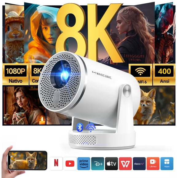 Magcubic Proyector de Enfoque Automático Nativo 1080P, 8K Compatible con 400 ANSI, Keystone Automático, Control Remoto por Voz con Air Mouse, Android 14, WiFi6&BT5.4, Mini Proyector para Cine en