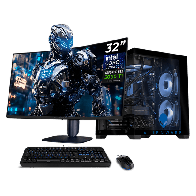 pc gamer completa xtreme pc gaming alienware nvidia geforce rtx 5060 ti intel core ultra 7 265f 32gb ddr5 ssd 1tb monitor 32 180hz sistema liquido wifi gaming 1080p, estudios y multitarea Vista frontal centrada: monitor 32" 180Hz mostrando un guerrero robótico, torre negra con panel lateral de vidrio que revela refrigeración líquida, ventiladores ARGB y componentes internos, teclado y mouse incluidos; también apta para edición y multitarea.