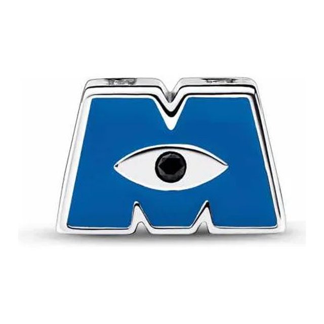 m monster inc Abalorio Charm Dije 100% plata de ley 925; frontal en forma de letra M con esmalte azul, ojo central con piedra negra y borde pulido de plata; compatible con pulsera, collar o llavero; incluye bolsa de terciopelo rosa y bolsa PVC multiusos.