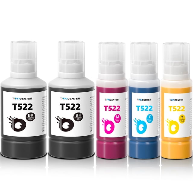 botellas de recarga de tinta officenter t522 522 para impresora ecotank Conjunto frontal de cinco botellas alineadas (2 negras, magenta, cian y amarillo). Vista frontal centrada con tapas blancas transparentes y etiquetas T522 con logotipo OFFICENTER; base de plástico opaco en cada color y diseño de parada automática según la ficha. A menudo usadas para mantener tinta de reserva para impresoras Ecotank y Supertank.