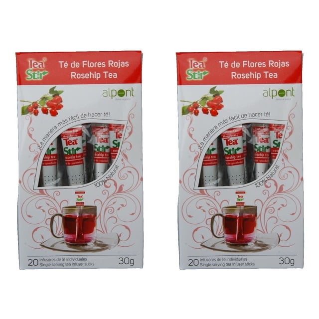 alpont tea stir té de flores rojas 20 piezas 2 paquetes caja frontal con ventana que muestra infusores individuales tipo stick y una taza con té rojo, empaque blanco y rojo, 30 g por paquete, marca Alpont; también adecuado para llevar como infusión individual en viajes cortos.