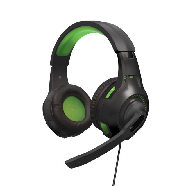 audífonos hyperkin universales soundtac verdes para videojuegos armor3 diadema acolchada y copas con almohadillas negras y forro verde, micrófono articulado y cable de 1.2 m con control de volumen e interruptor de micrófono; vista 3/4 frontal sobre fondo blanco, compatibles con Switch, PS4, Xbox, PC y dispositivos con entrada de 3.5 mm, y suelen usarse también para chat de voz y streaming casual.