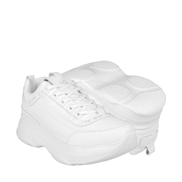 tenis casuales para dama miss pink 182078 simpiel blanco miss pink 182078 tenis blancos de simipiel con suela gruesa, vista frontal y lateral, cordones blancos y talón acolchado; diseño urbano y casual para uso diario, también adecuado para caminatas cortas.