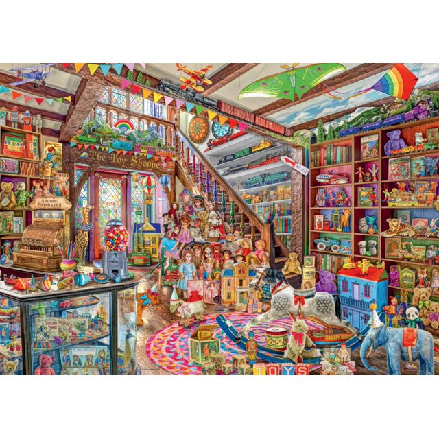 rompecabezas ravensburger the fantasy toy shop 1000 piezas — Vista frontal de una tienda de juguetes nostálgica y detallada: interior con vitral y escalera, estantes llenos de osos de peluche, trenes de madera, casas de muñecas, aviones colgantes y alfombra circular; cartón grueso y acabado tipo lino según la ficha, apto para aficionados y para exhibir armado.