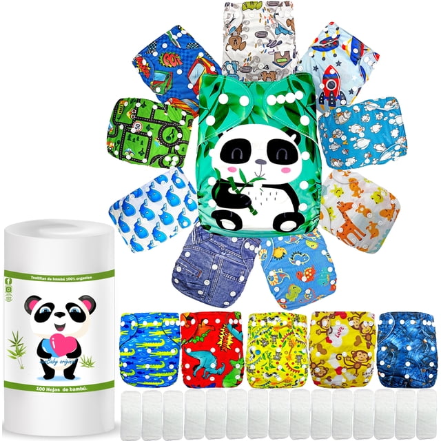 pañales de tela ecológicos reutilizables para bebés Ecobaby Original estampado 15 piezas unitalla azul y surtido, vista frontal y en abanico con inserciones de microfibra y rollo de pulpa de bambú; diseño con panda, tela PUL impermeable, cierres ajustables y corte ergonómico para 3–17 kg; también adecuados para guardar accesorios de cambio.