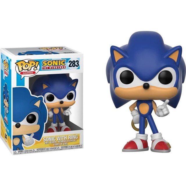 ¡funko pop! juegos: sonic the hedgehog - figura de vinilo sonic con anillo (incluye estuch funko pop) figura estilizada de 3 ¾ pulg., vista frontal del empaque y la figura fuera de caja con guantes blancos, botas rojas y anillo dorado; incluye protector de caja PET translúcido con pestaña de bloqueo.